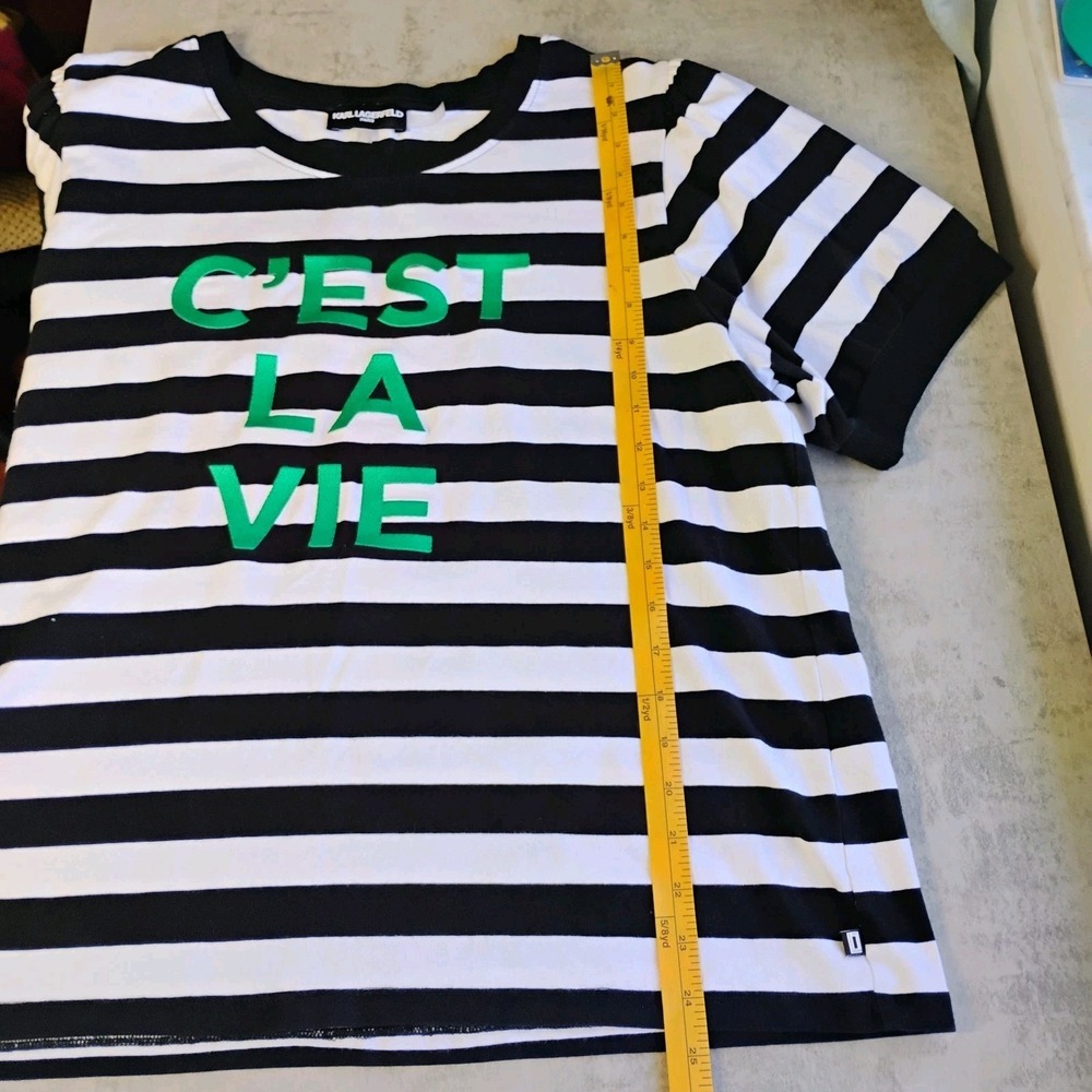 KARL LAGERFELD PARIS Women's C'est La Vie Striped Graphic Top Black White XL - Picture 7 of 8